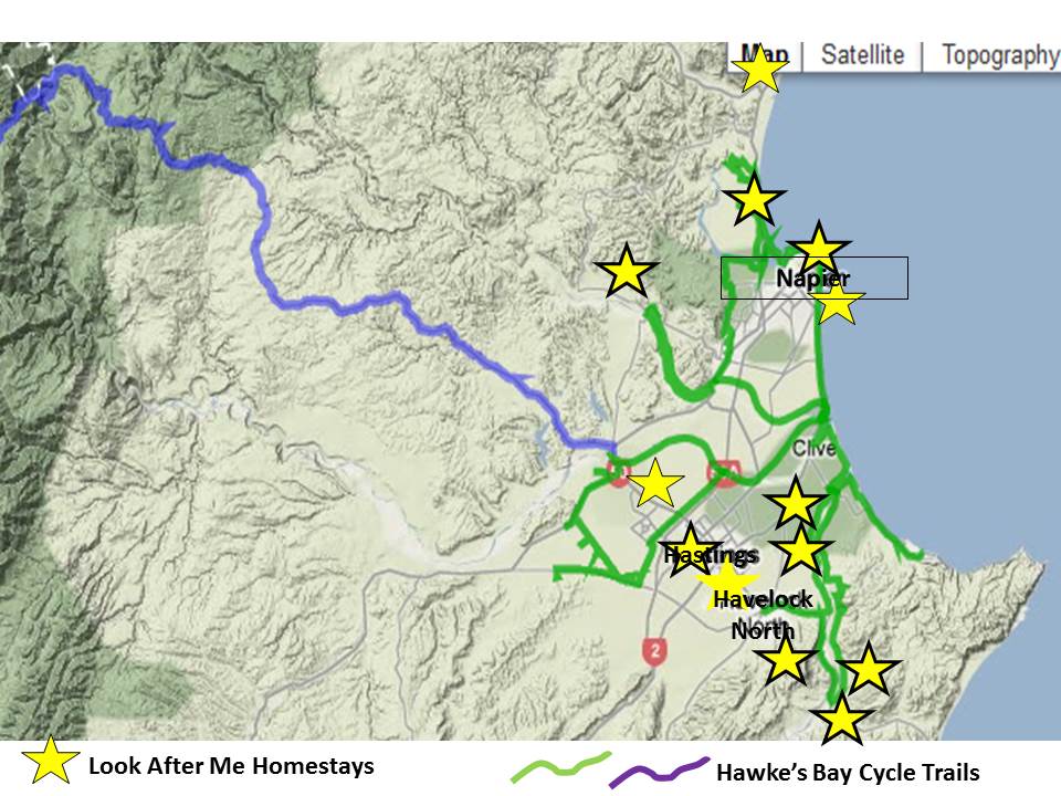 Look After Me, NZ's Homestay Network is an Official Accommodation partner for the Rotorua cycle trail, Thermal by Bike (Te Ara Ahi) - providing welcoming, affordable bike-friendly accommodation on this Cycle Trail and other Cycle Trails all around New Zealand. Ideal for cycling holidays.  Map is accommodation for bike-friendly cycle holidays in the Hawke's Bay